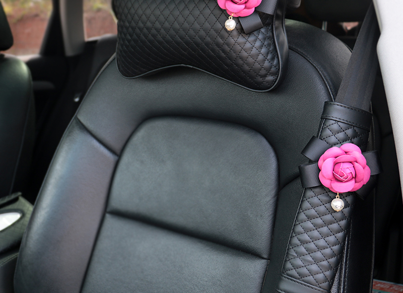 2pcs Car Safety Seat Belt Covers Women Creative Pretty Camellia Leather Shoulder Pads - Black