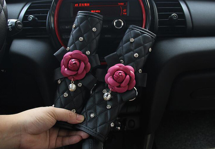 2pcs Car Safety Seat Belt Covers Women Diamonds Pretty Camellia Leather Shoulder Pads - Black
