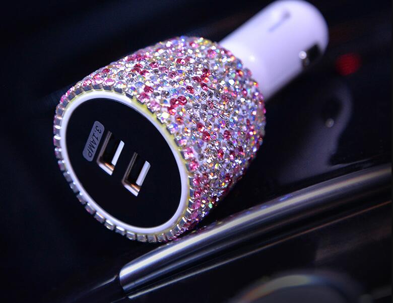 3.1A Rhinestones Dual USB Quick Car Charger Mobile Phone iPad Rotate Fast Charging Adapter - AB Color