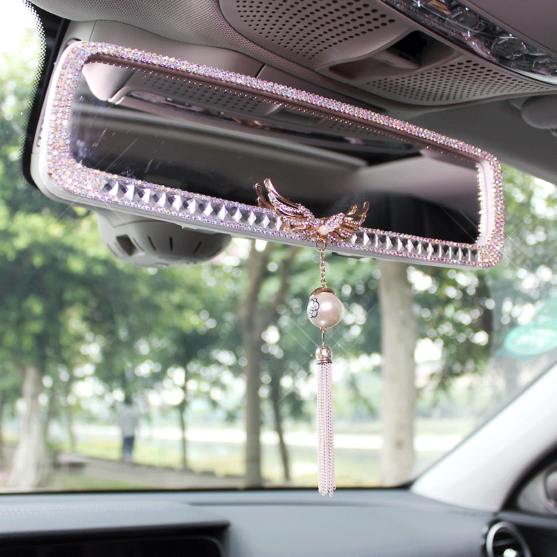 Angel Wings Gorgeous Bling Bling Diamonds Crystal Car Rearview Mirror Auto Brilliant Rearview Mirror - Pink