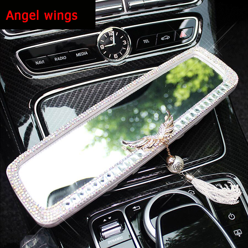 Angel Wings Gorgeous Bling Bling Diamonds Crystal Car Rearview Mirror Auto Brilliant Rearview Mirror - Pink