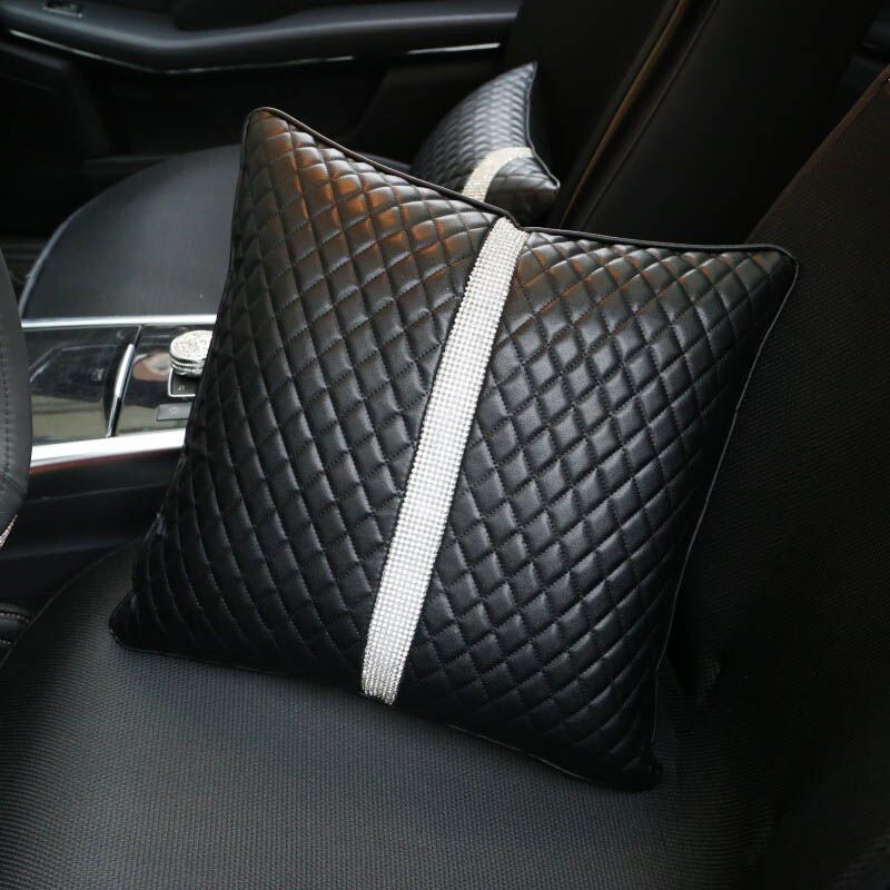 Beautiful Bling Women Rhinestone Auto Seat Lumbar Pillows PU Leather Square Cushions 1pcs - Black