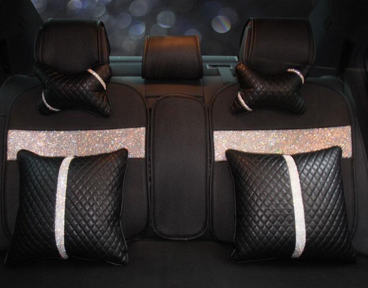 Beautiful Bling Women Rhinestone Auto Seat Lumbar Pillows PU Leather Square Cushions 1pcs - Black