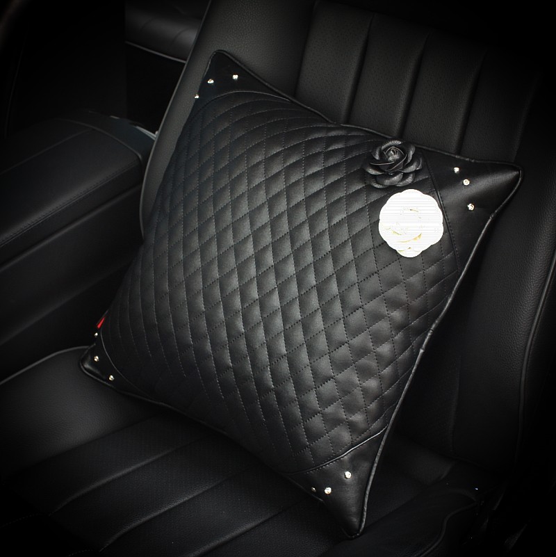 Beautiful Camellia Women Rhinestone Auto Seat Lumbar Pillows PU Leather Square Cushions 1pcs - Black