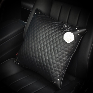 Beautiful Camellia Women Rhinestone Auto Seat Lumbar Pillows PU Leather Square Cushions 1pcs - Black