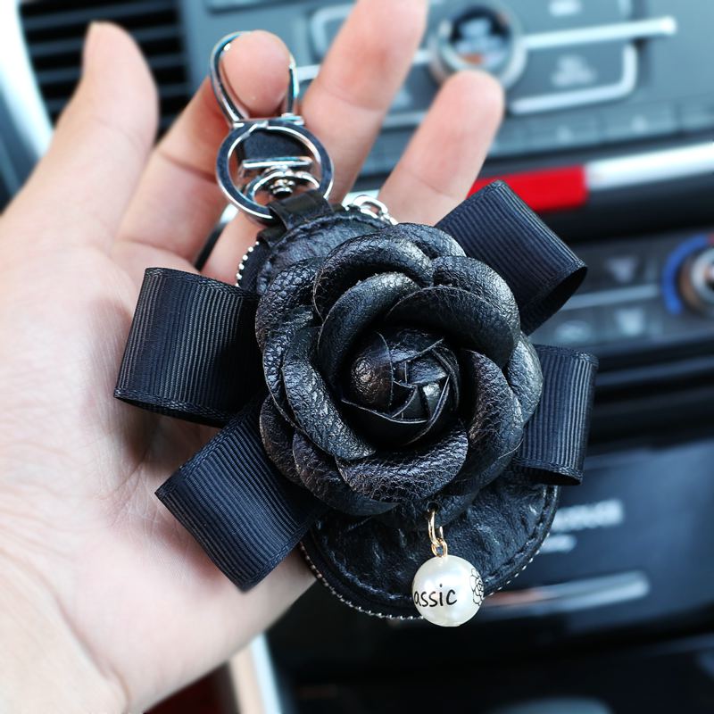 Beautiful Cute Black Camellia Universal Pearl Leather Auto Key Bags Key Chain - Black