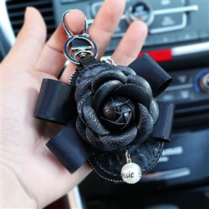 Beautiful Cute Black Camellia Universal Pearl Leather Auto Key Bags Key Chain - Black