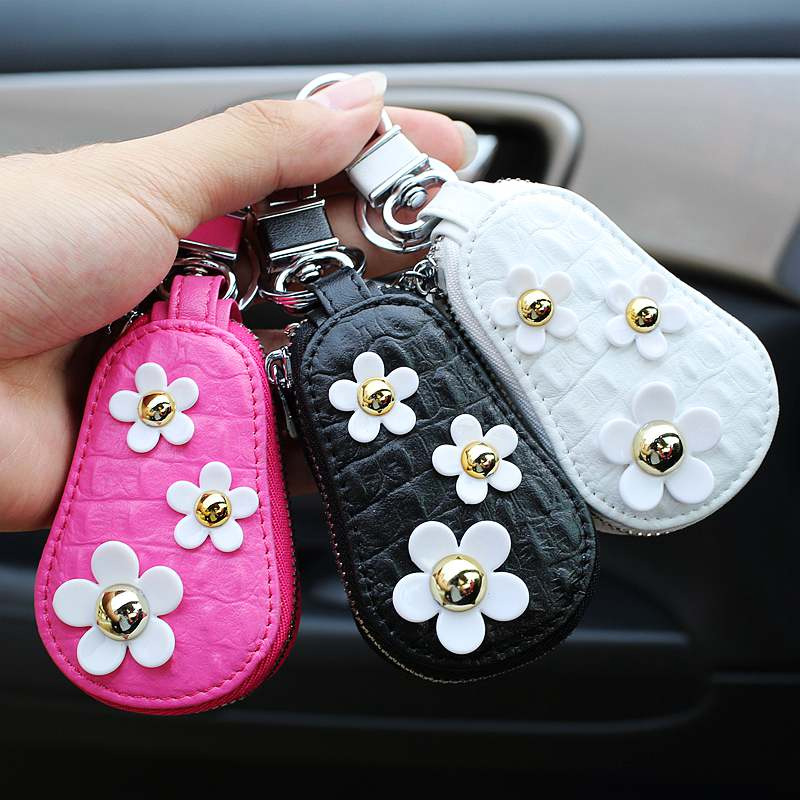 Beautiful Cute Daisy Universal Genuine Leather Auto Key Bags Key Chain - White