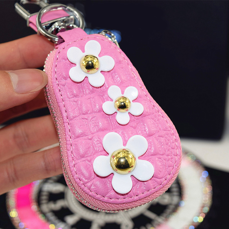 Beautiful Cute Daisy Universal Genuine Leather Auto Key Bags Key Chain - Pink