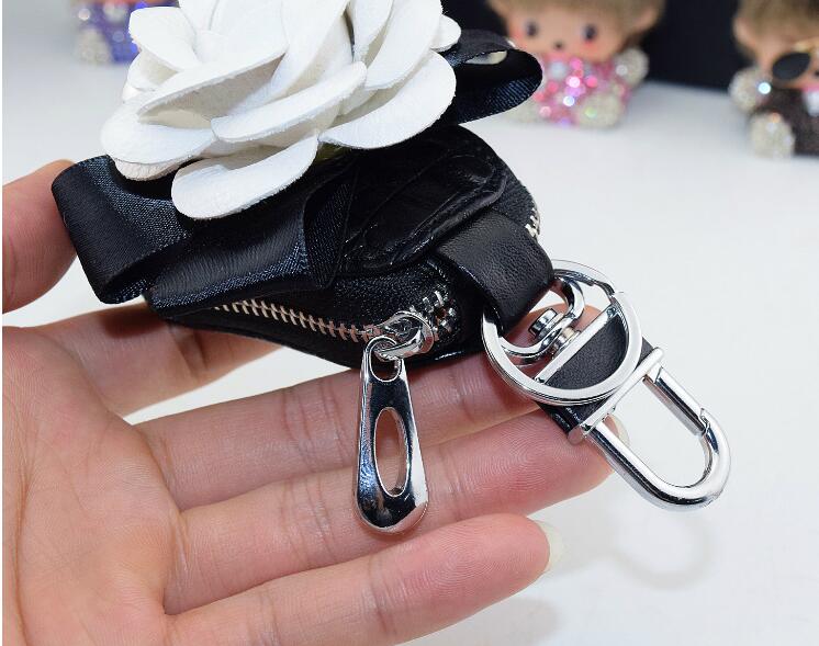 Beautiful Cute Rose Camellia Universal Pearl Leather Auto Key Bags Key Chain - Black
