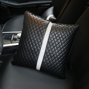 Beautiful Flower Women Rhinestone Auto Seat Lumbar Pillows PU Leather Square Cushions 1pcs - Black