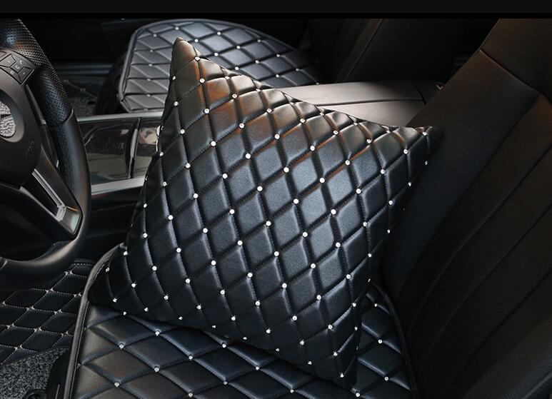 Beautiful Pretty Women Rhinestone Auto Seat Lumbar Pillows PU Leather Square Cushions 1pcs - Black
