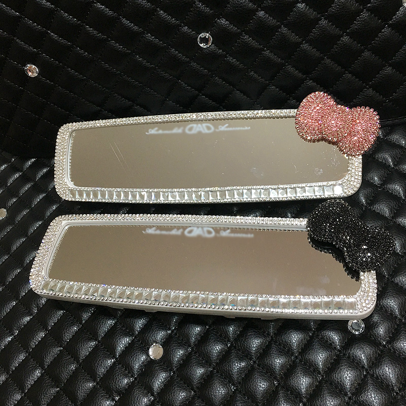 Pink Bowknot Gorgeous Bling Bling Diamonds Crystal Car Rearview Mirror Auto Brilliant Rearview Mirror - White