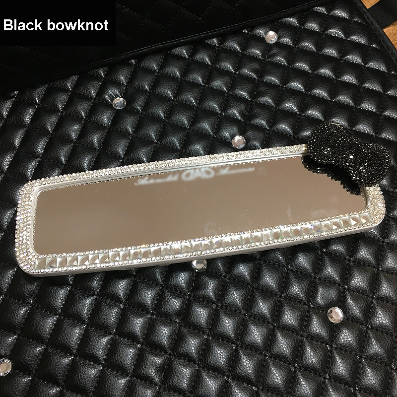 Black Bowknot Gorgeous Bling Bling Diamonds Crystal Car Rearview Mirror Auto Brilliant Rearview Mirror - White