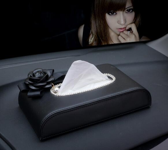Black Camellia Bling Leather Car Tissue Paper Box Holder Case Seat Back Good Tissue Bag - Black