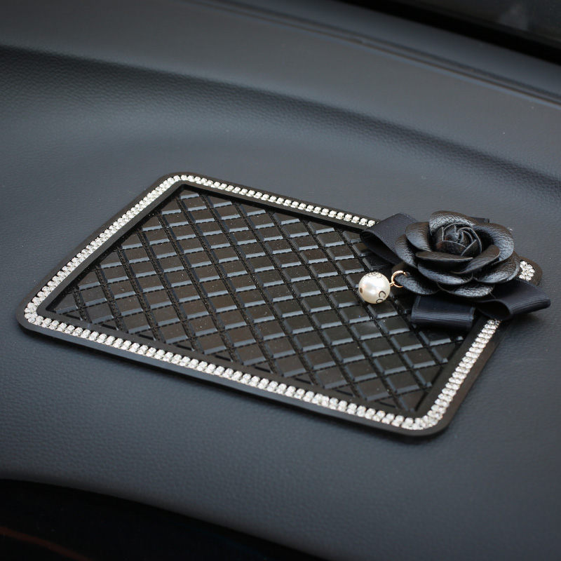 Black Camellia Bling Rhinestone Automobile Non-Slip Mat Silicone Auto Anti-Slip Pads - Black