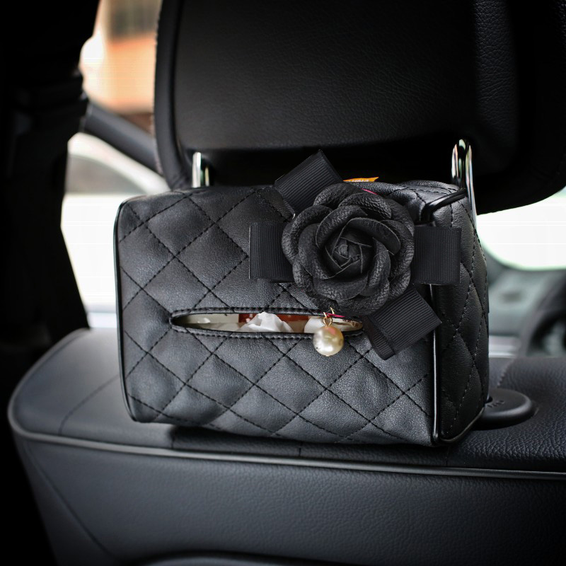 Black Camellia Leather Auto Tissue Box Holder Case Auto Seat Back Hanging Tissue Bag - Black