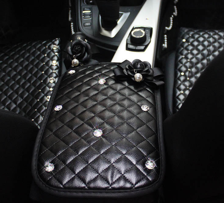Black Camellia Women Rhinestone Car Armrest Pad PU Leather Armrest Cushions 1pcs - Black