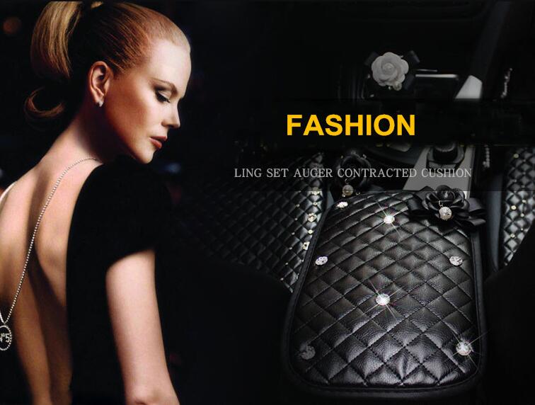 Black Camellia Women Rhinestone Car Armrest Pad PU Leather Armrest Cushions 1pcs - Black