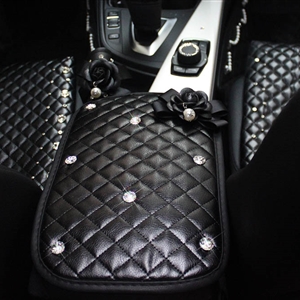 Black Camellia Women Rhinestone Car Armrest Pad PU Leather Armrest Cushions 1pcs - Black