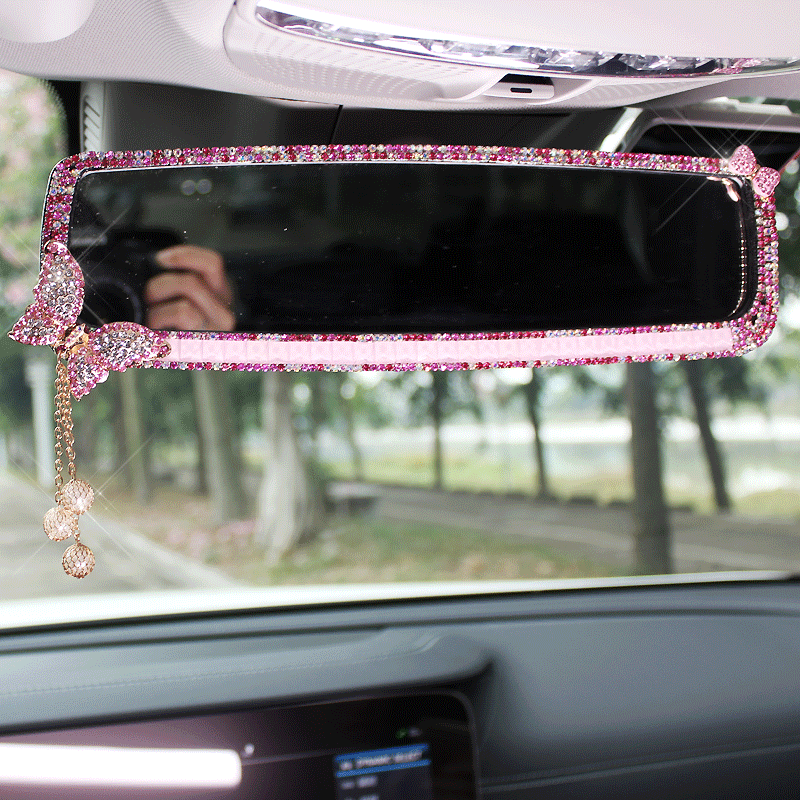 Butterfly Gorgeous Bling Bling Diamonds Crystal Car Rearview Mirror Auto Brilliant Rearview Mirror - Pink