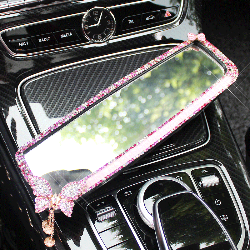 Butterfly Gorgeous Bling Bling Diamonds Crystal Car Rearview Mirror Auto Brilliant Rearview Mirror - Pink