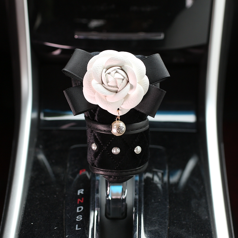 Camellia 1pcs Pearl Car Gear Covers Plush Shift Cover Auto Interior Decro - Black