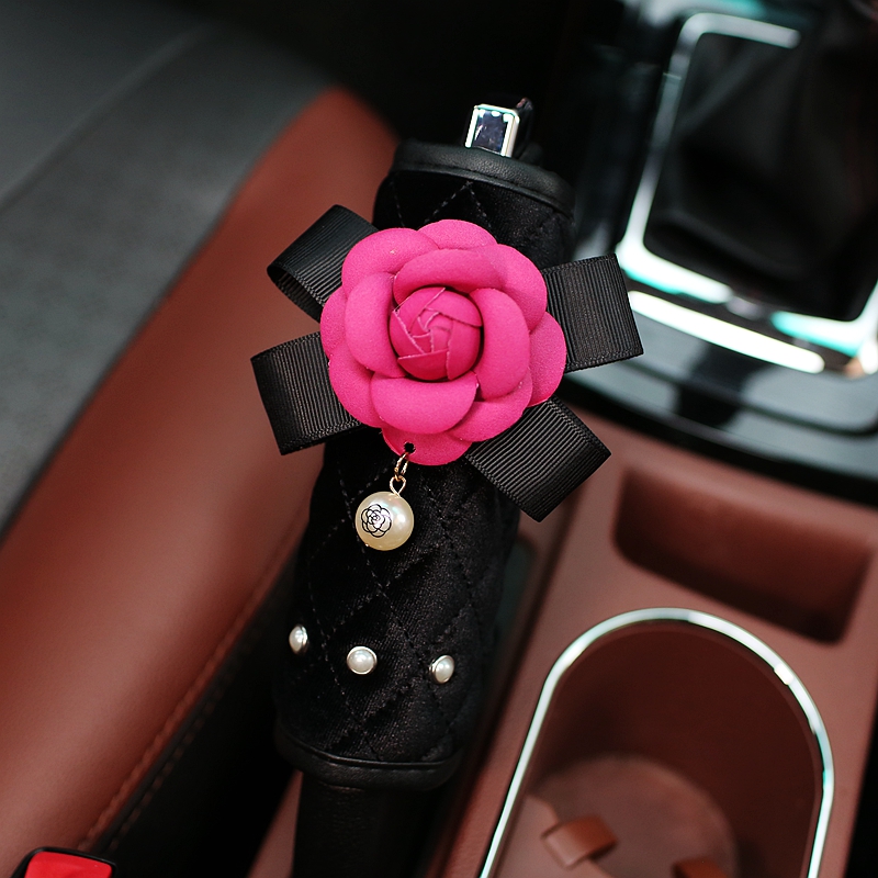Camellia 1pcs Pearl Car Handbrake Covers Plush Beautiful Brake Case Auto Interior Decro - Black