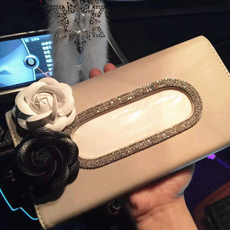 Camellia Bling Leather Car Tissue Paper Box Holder Case Seat Back Hanging Tissue Bag - Beige