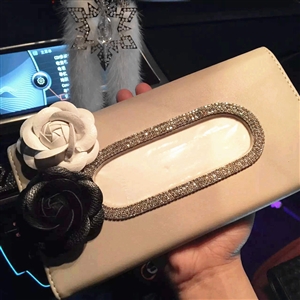Camellia Bling Leather Car Tissue Paper Box Holder Case Seat Back Hanging Tissue Bag - Beige