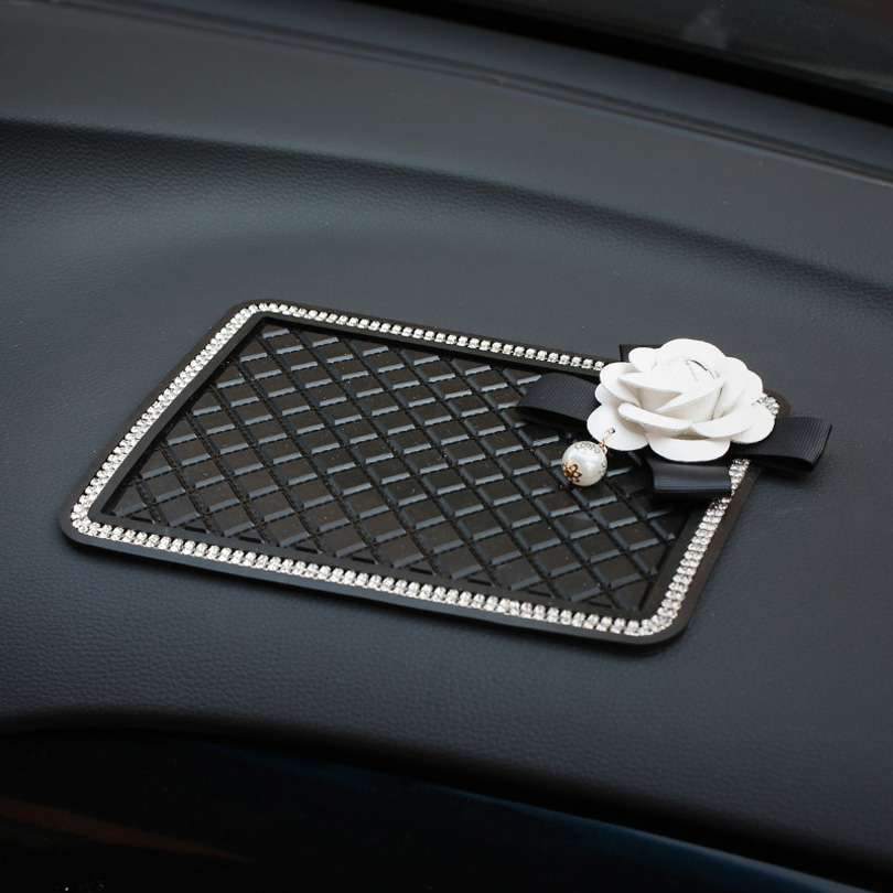 Camellia Bling Rhinestone Automobile Non-Slip Mat Silicone Auto Anti-Slip Pads - Black