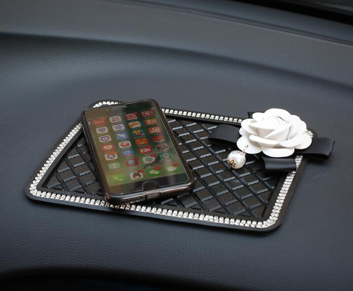 Camellia Bling Rhinestone Automobile Non-Slip Mat Silicone Auto Anti-Slip Pads - Black