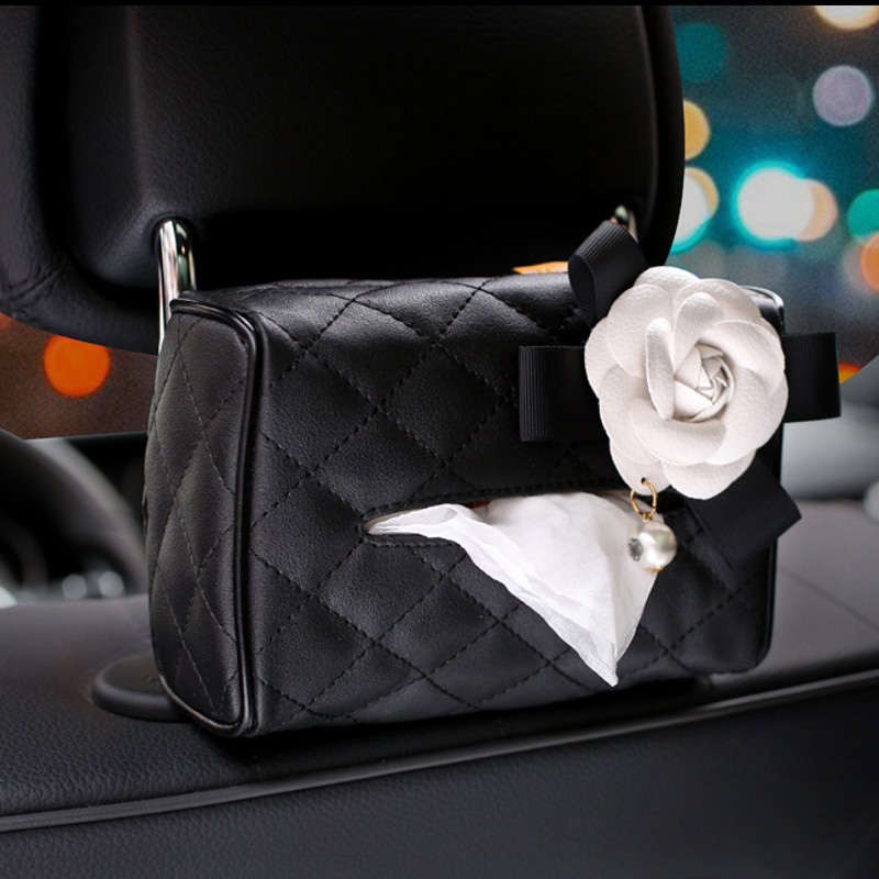 Camellia Leather Auto Tissue Box Holder Case Auto Seat Back Hanging Tissue Bag - Black