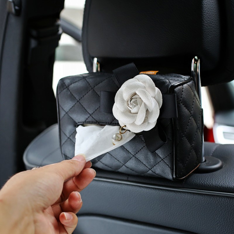 Camellia Leather Auto Tissue Box Holder Case Auto Seat Back Hanging Tissue Bag - Black