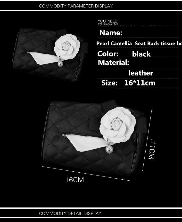 Camellia Leather Auto Tissue Box Holder Case Auto Seat Back Hanging Tissue Bag - Black