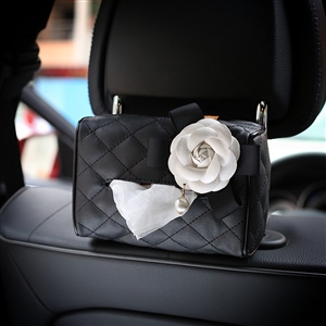 Camellia Leather Auto Tissue Box Holder Case Auto Seat Back Hanging Tissue Bag - Black