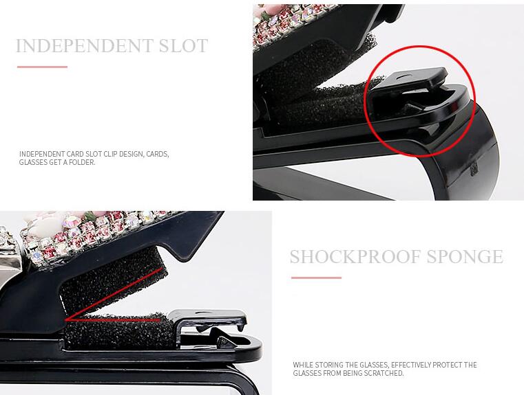 Crystal Bow Fastener Clip Sun Visor Sunglasses Women Diamond Decorative Card Ticket Clip Holder - Black