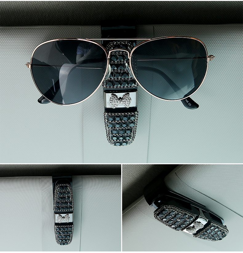 Crystal Bow Fastener Clip Sun Visor Sunglasses Women Diamond Decorative Card Ticket Clip Holder - Black