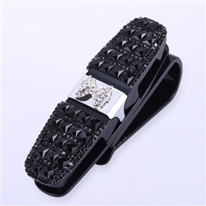 Crystal Bow Fastener Clip Sun Visor Sunglasses Women Diamond Decorative Card Ticket Clip Holder - Black