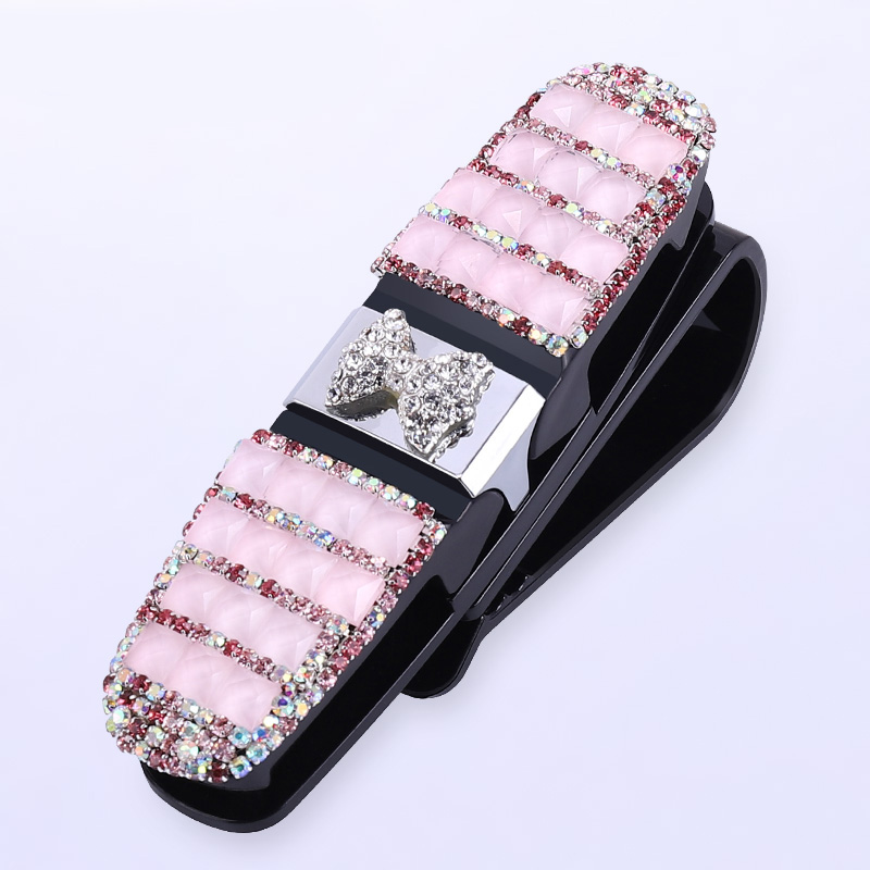 Crystal Bow Fastener Clip Sun Visor Sunglasses Women Diamond Decorative Card Ticket Clip Holder - Pink