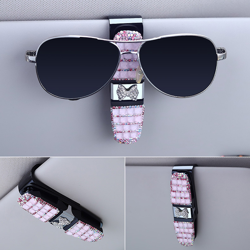 Crystal Bow Fastener Clip Sun Visor Sunglasses Women Diamond Decorative Card Ticket Clip Holder - Pink
