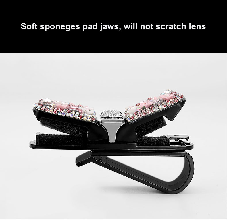 Crystal Bow Fastener Clip Sun Visor Sunglasses Women Diamond Decorative Card Ticket Clip Holder - Pink