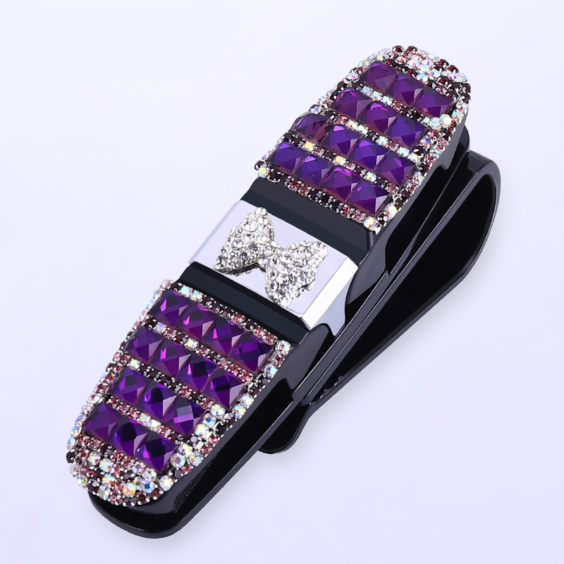 Crystal Bow Fastener Clip Sun Visor Sunglasses Women Diamond Decorative Card Ticket Clip Holder - Purple