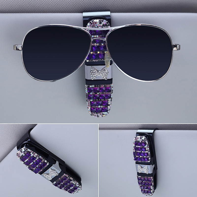 Crystal Bow Fastener Clip Sun Visor Sunglasses Women Diamond Decorative Card Ticket Clip Holder - Purple