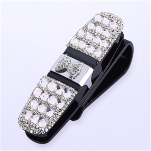 Crystal Bow Fastener Clip Sun Visor Sunglasses Women Diamond Decorative Card Ticket Clip Holder - White