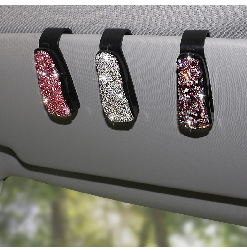 Crystal Car Fastener Clip Sun Visor Sunglasses Women Diamond Decorative Card Ticket Clip Holder - White