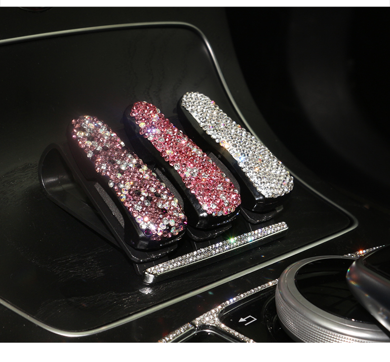 Crystal Car Fastener Clip Sun Visor Sunglasses Women Diamond Decorative Card Ticket Clip Holder - White