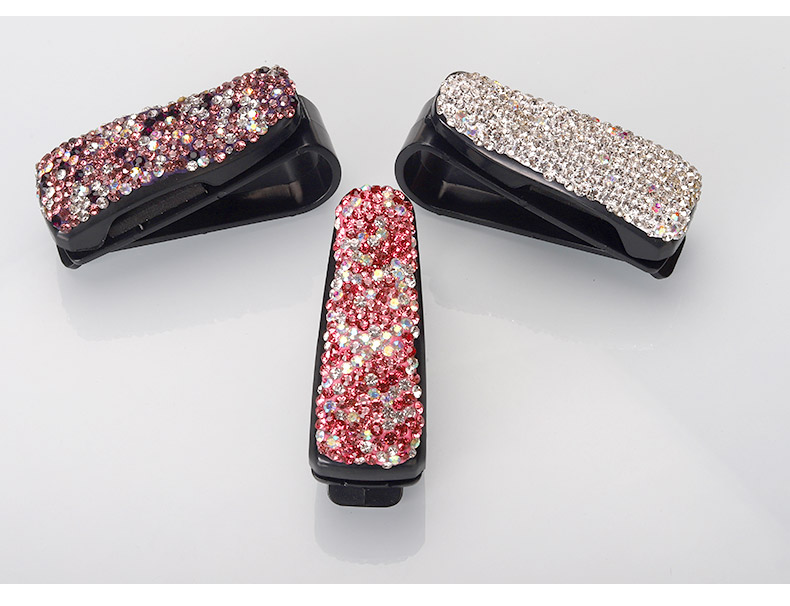 Crystal Car Fastener Clip Sun Visor Sunglasses Women Diamond Decorative Card Ticket Clip Holder - White