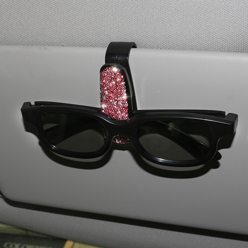 Crystal Car Fastener Clip Sun Visor Sunglasses Women Diamond Decorative Card Ticket Clip Holder - Pink