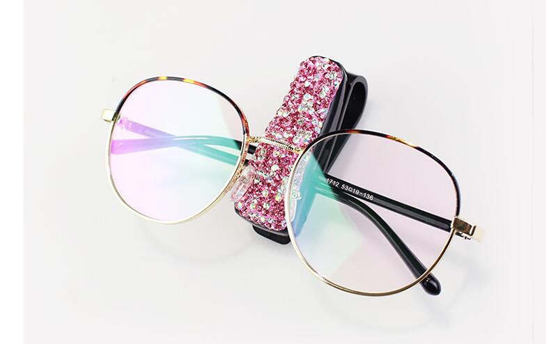 Crystal Car Fastener Clip Sun Visor Sunglasses Women Diamond Decorative Card Ticket Clip Holder - Pink